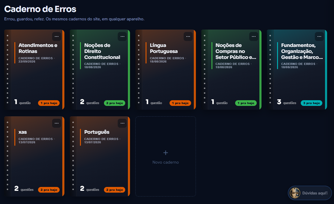 Cadernos de erros no Planner 360, organizados por matéria e com indicação das questões a retomar.