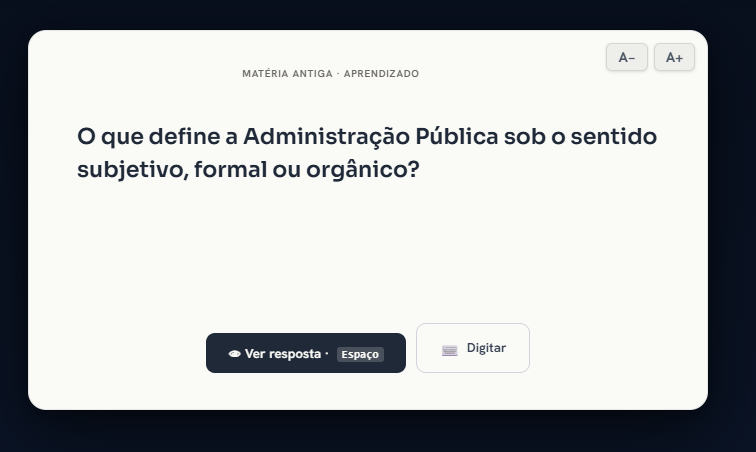Frente de um flashcard no Planner 360: o estudante tenta explicar o sentido subjetivo da Administração Pública antes de revelar a resposta.