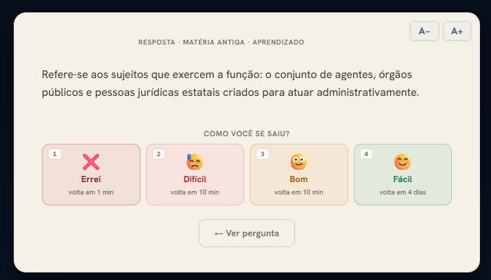 Verso do flashcard no Planner 360 com a explicação e as opções Errei, Difícil, Bom e Fácil para avaliar a revisão.
