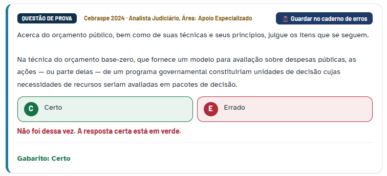 Exemplo de questão do Cebraspe no Planner 360 com correção e botão para guardar no caderno de erros. A tela demonstra a ferramenta; o concurso UFBA é organizado pelo Instituto Avalia.