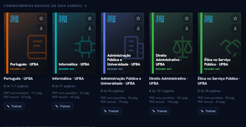 Estante do Planner 360 com resumos para a UFBA, acesso aos PDFs e botões de treino. Os materiais aparecem separados por tema.