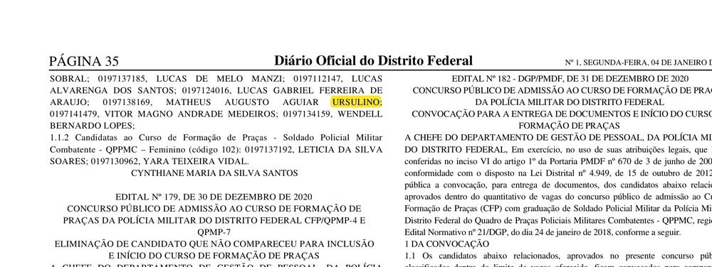 Publicação da PMDF incluindo Matheus Augusto Aguiar Ursulino no Curso de Formação de Praças