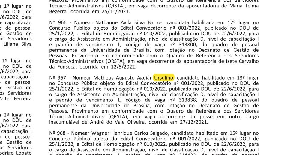 Ato da Universidade de Brasília nomeando Matheus Augusto Aguiar Ursulino