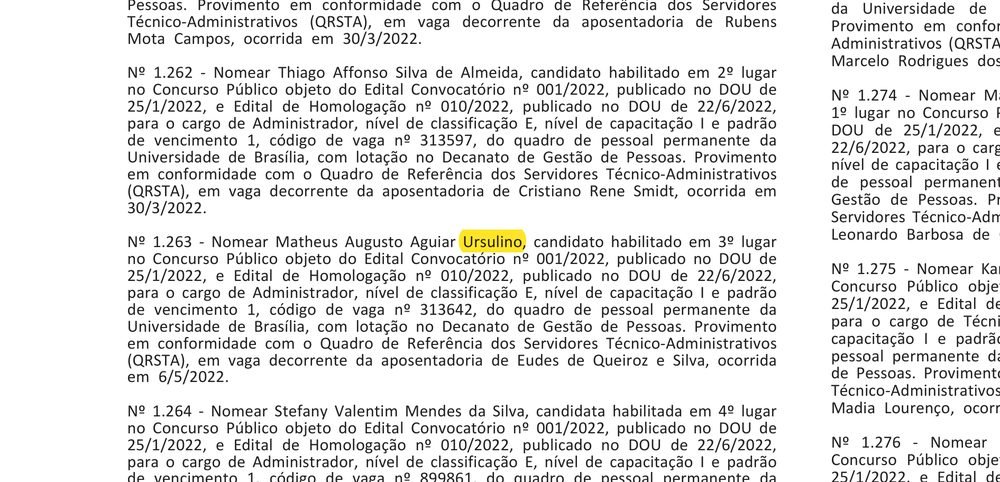 Segundo ato da Universidade de Brasília nomeando Matheus Augusto Aguiar Ursulino