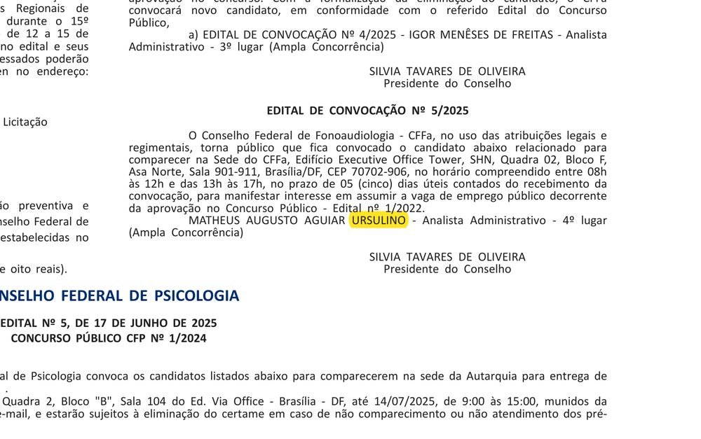 Edital de convocação do Conselho Federal de Fonoaudiologia com o nome de Matheus Augusto Aguiar Ursulino