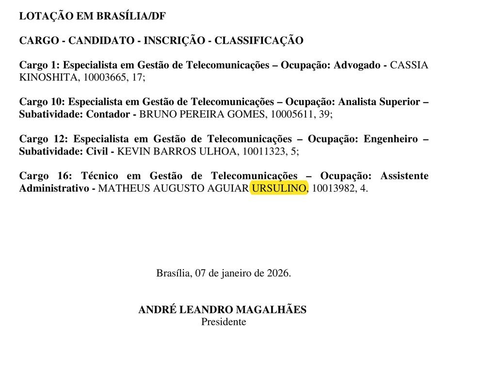 Edital de convocação nº 74 da Telebras com o nome de Matheus Augusto Aguiar Ursulino