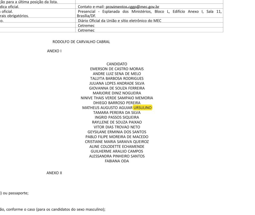 Edital do Ministério da Educação convocando Matheus Augusto Aguiar Ursulino para Técnico em Assuntos Educacionais