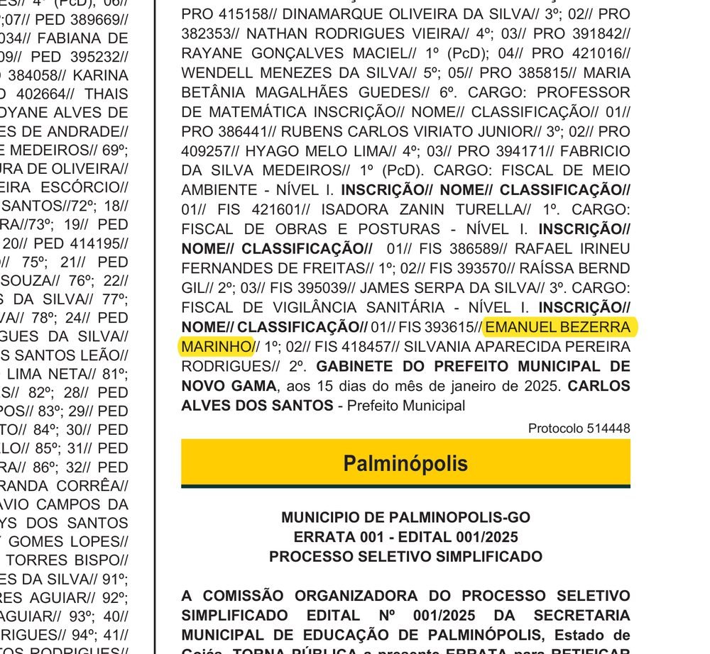 Decreto da Prefeitura de Novo Gama nomeando Emanuel Bezerra Marinho em 1º lugar para Fiscal de Vigilância Sanitária