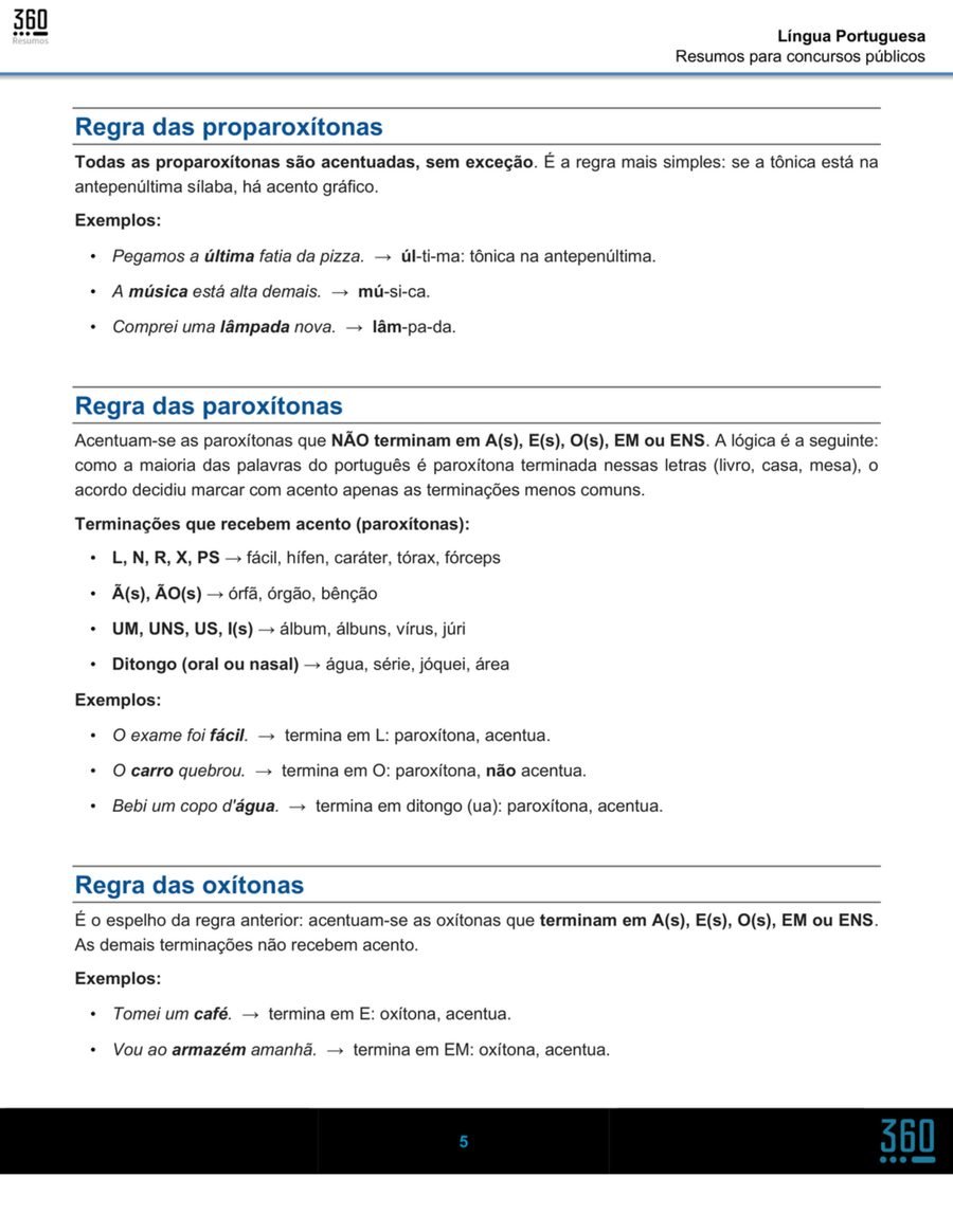 Página da amostra do Combo Administrativo. Língua Portuguesa: regras das proparoxítonas, paroxítonas e oxítonas