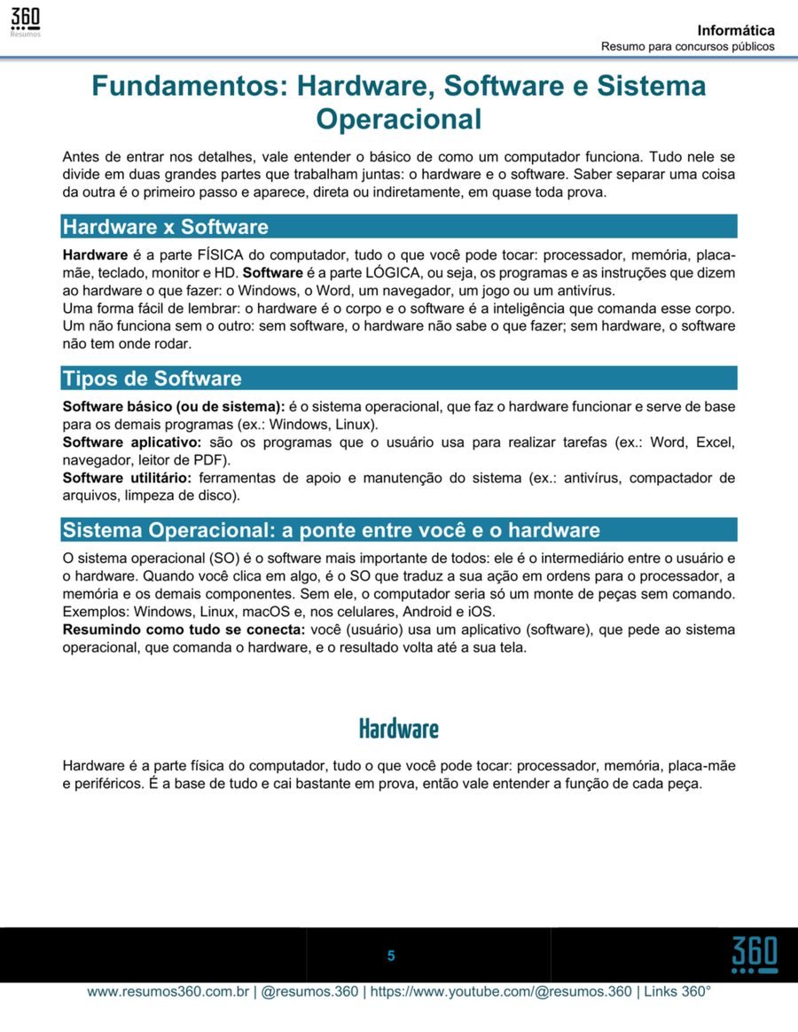 Página da amostra do Combo Administrativo. Informática: fundamentos de hardware, software e sistema operacional