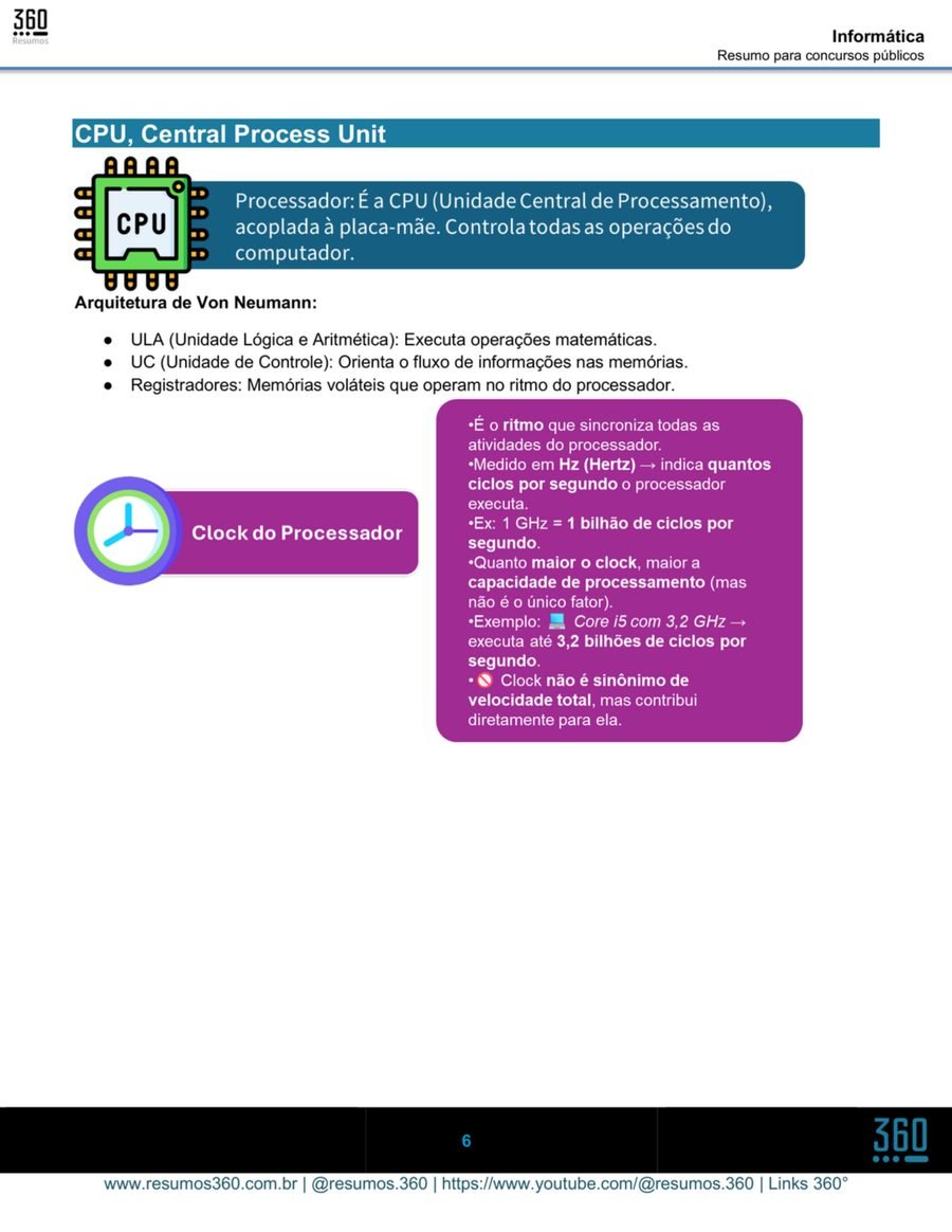 Página da amostra do Combo Administrativo. Informática: CPU e clock do processador