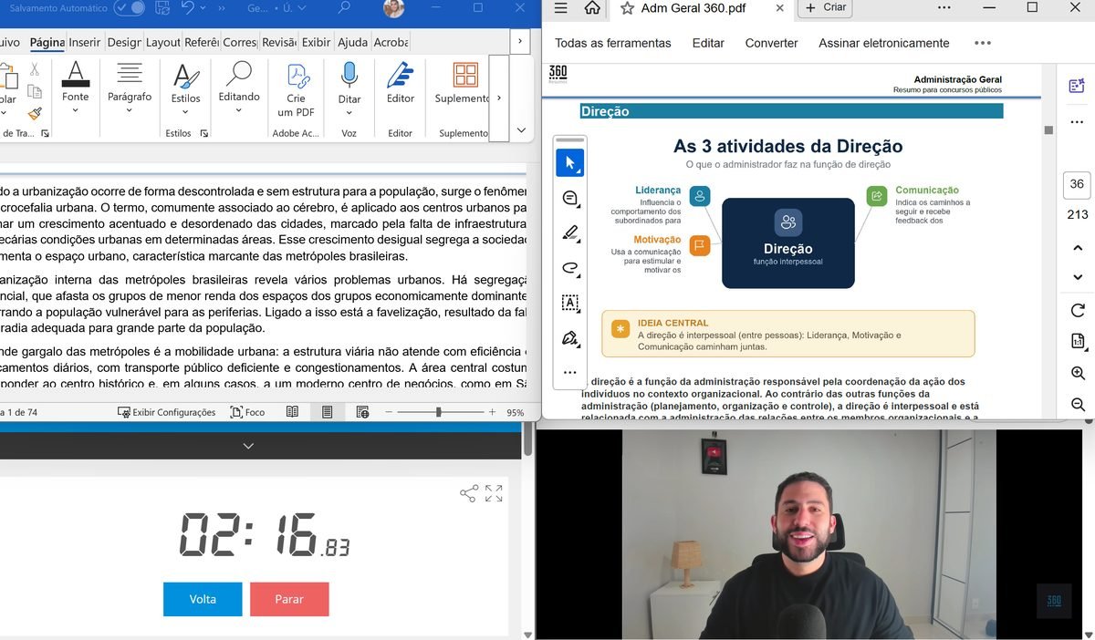 Tela real de quem estuda assim: Word, leitor de PDF, cronômetro e videoaula, cada um numa janela