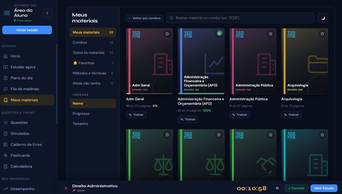 Estante do Planner 360: os resumos em cartões, com progresso de leitura e o botão Treinar em cada um