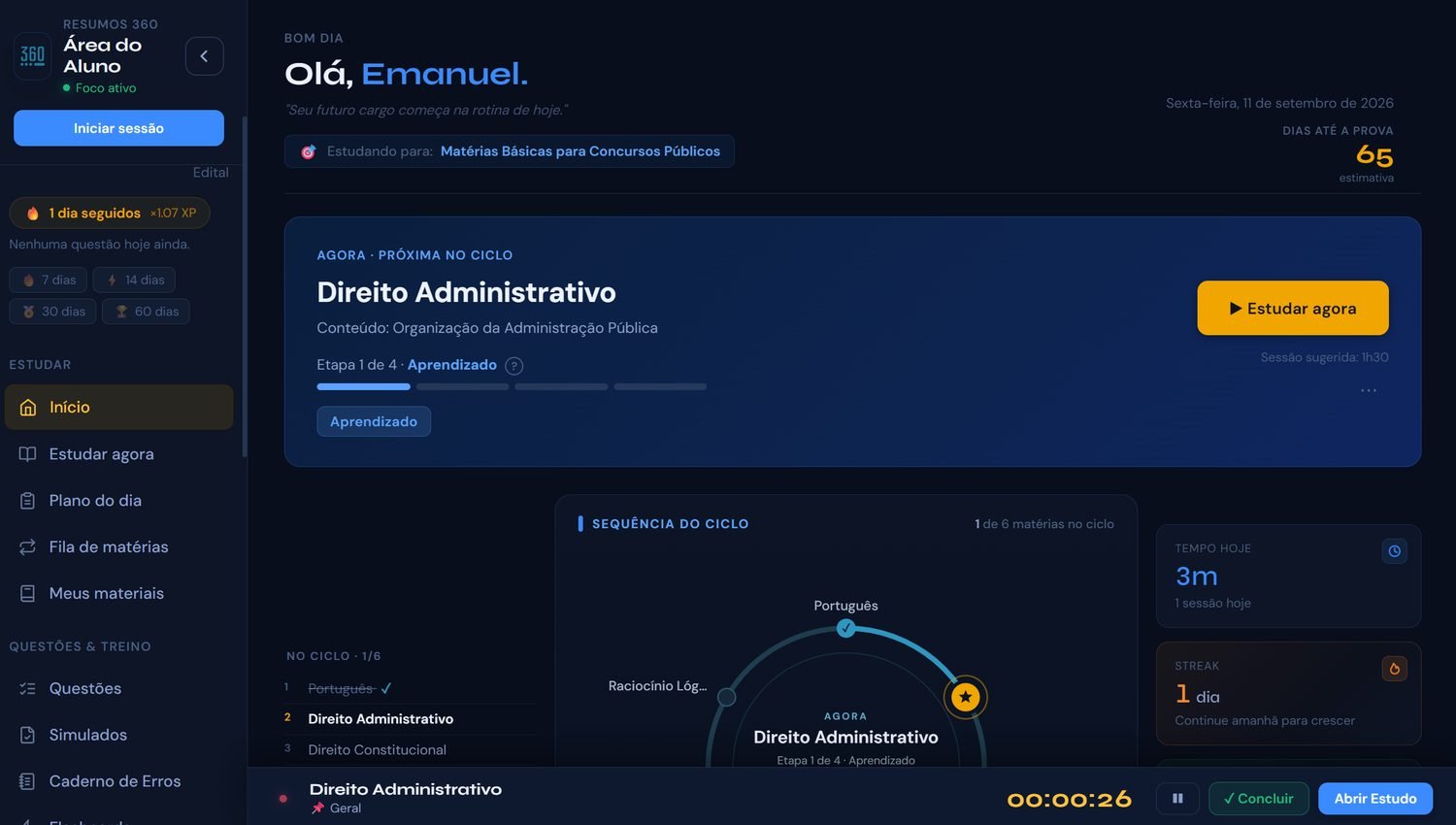 Planner 360 no computador: a próxima matéria do ciclo, cronômetro da sessão, sequência de dias e dias até a prova