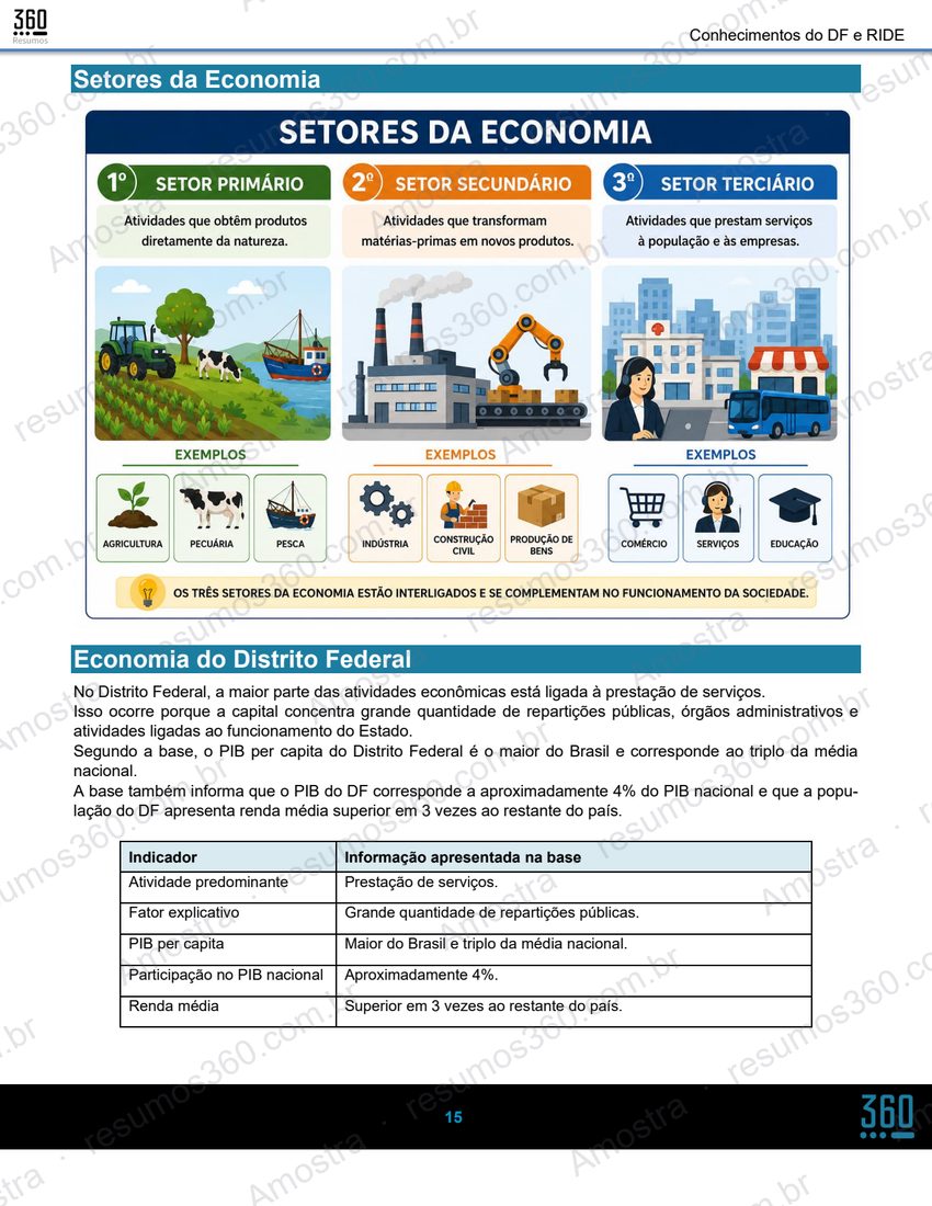 Amostra do resumo de Realidade do DF (SEDES/DF): setores da economia