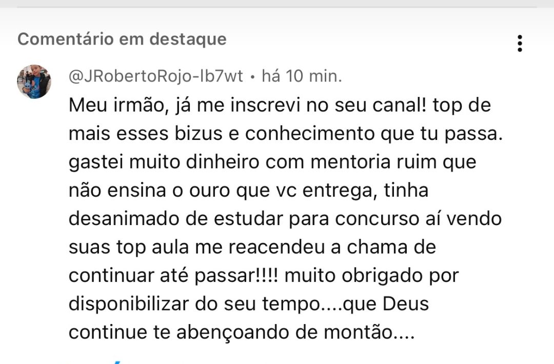 J. Roberto comentando sobre a mentoria no YouTube