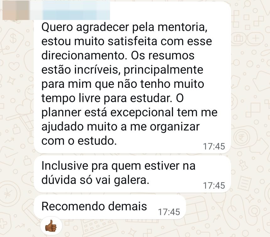 Aluna agradece e diz que o planner tem ajudado na organização do estudo