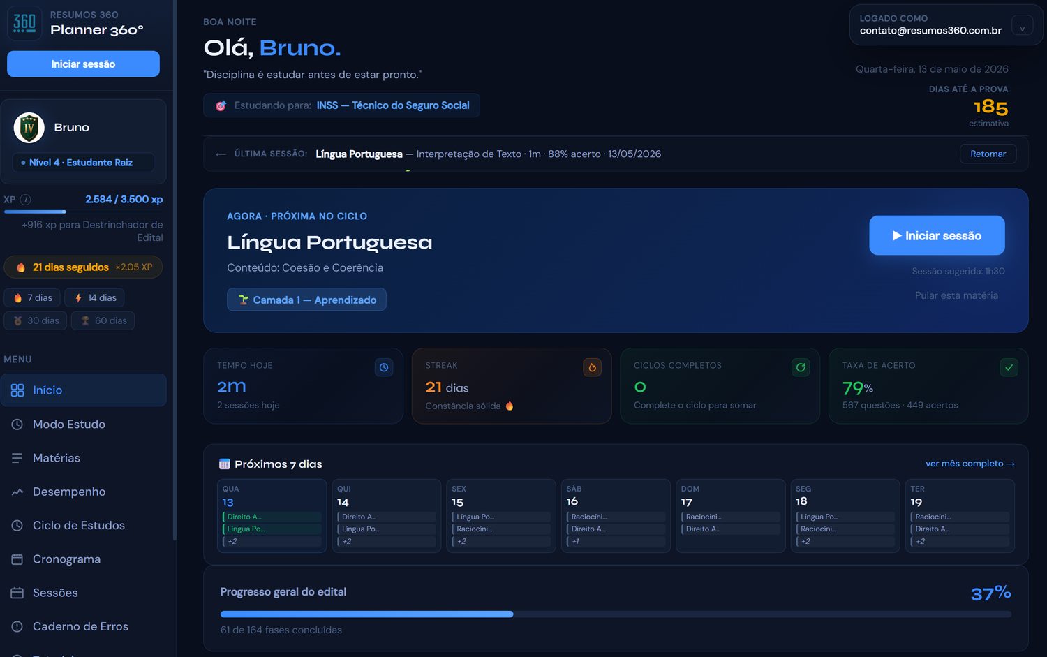 Dashboard do Planner 360° com ciclo de estudos, progresso e desempenho