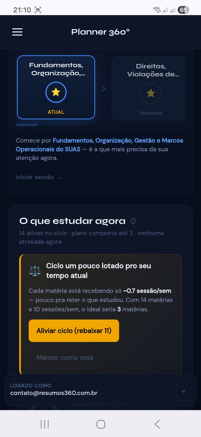 Tela de Ciclo de Estudos do Planner 360° no celular
