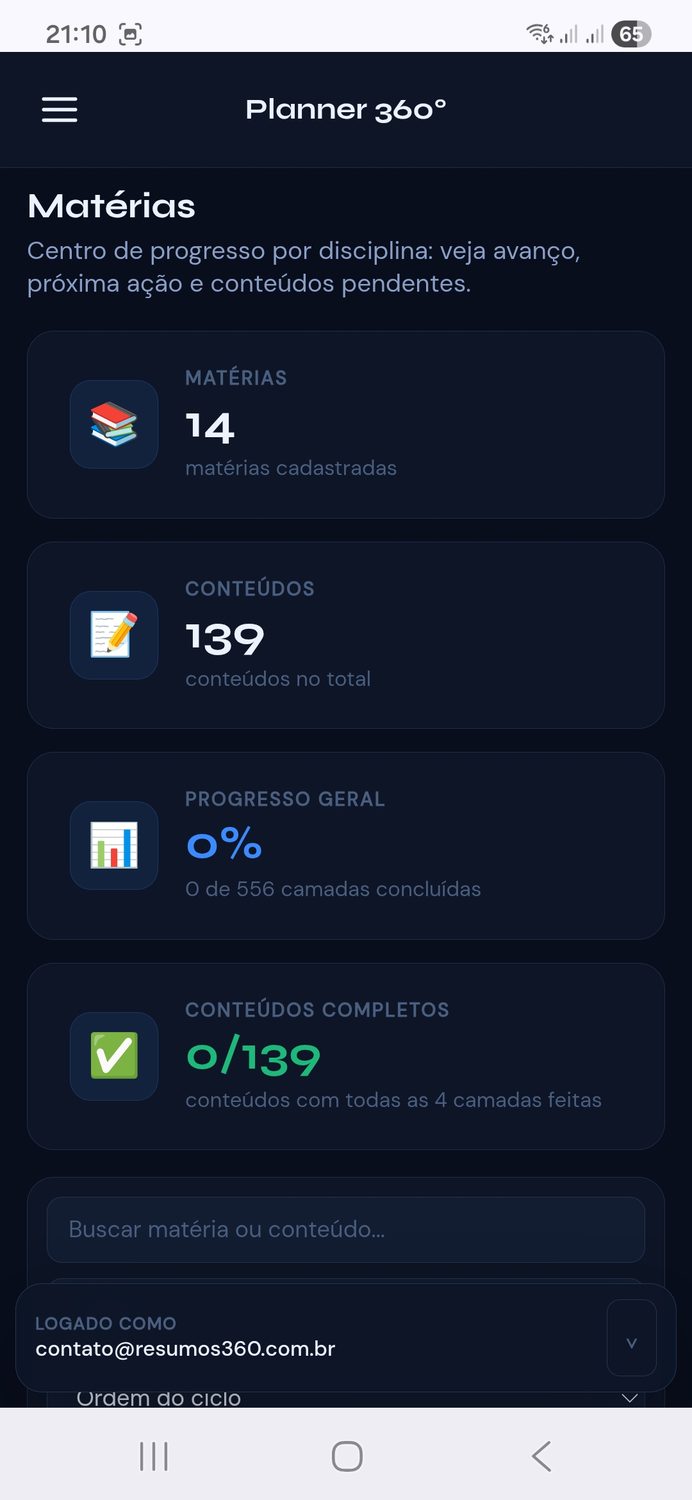 Menu lateral do Planner 360° no celular com perfil, XP, sequência e navegação