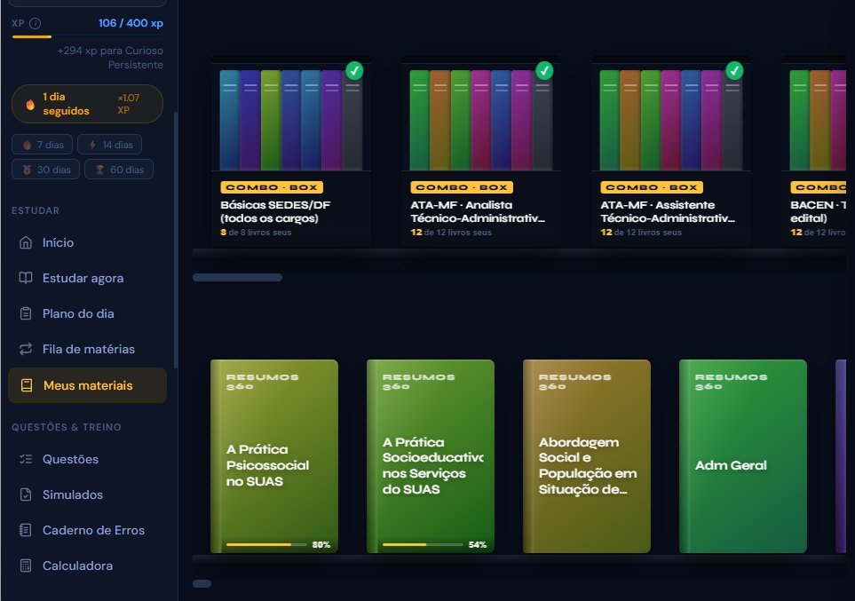 Estante Meus materiais do Planner 360 com combos em caixa e progresso de leitura por livro