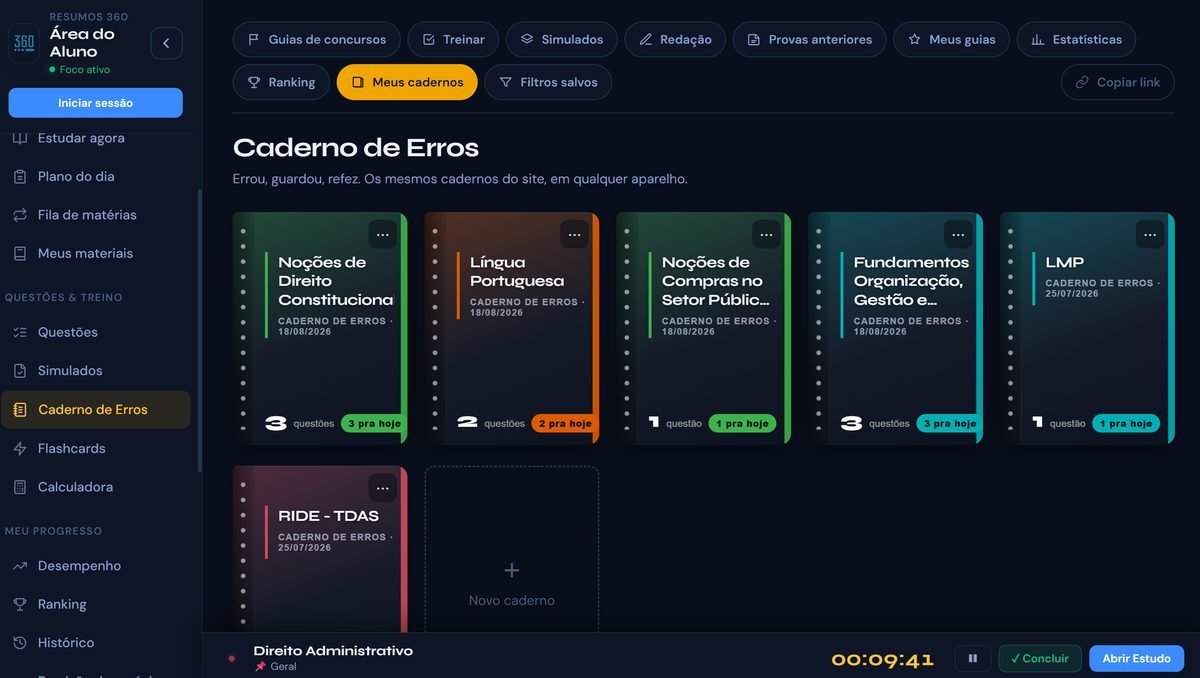 Caderno de Erros do Planner 360: um caderno por matéria, com quantas questões estão devidas pra hoje