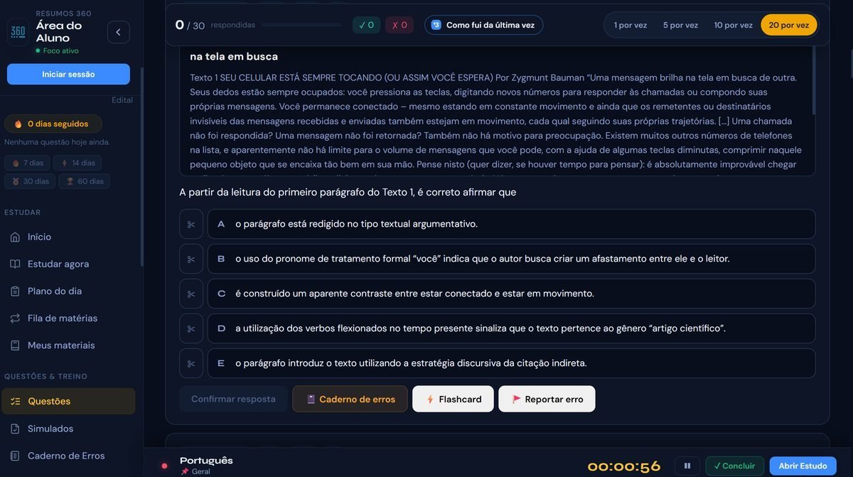 Tela de questões do Planner 360: enunciado, alternativas e os botões de caderno de erros e flashcard