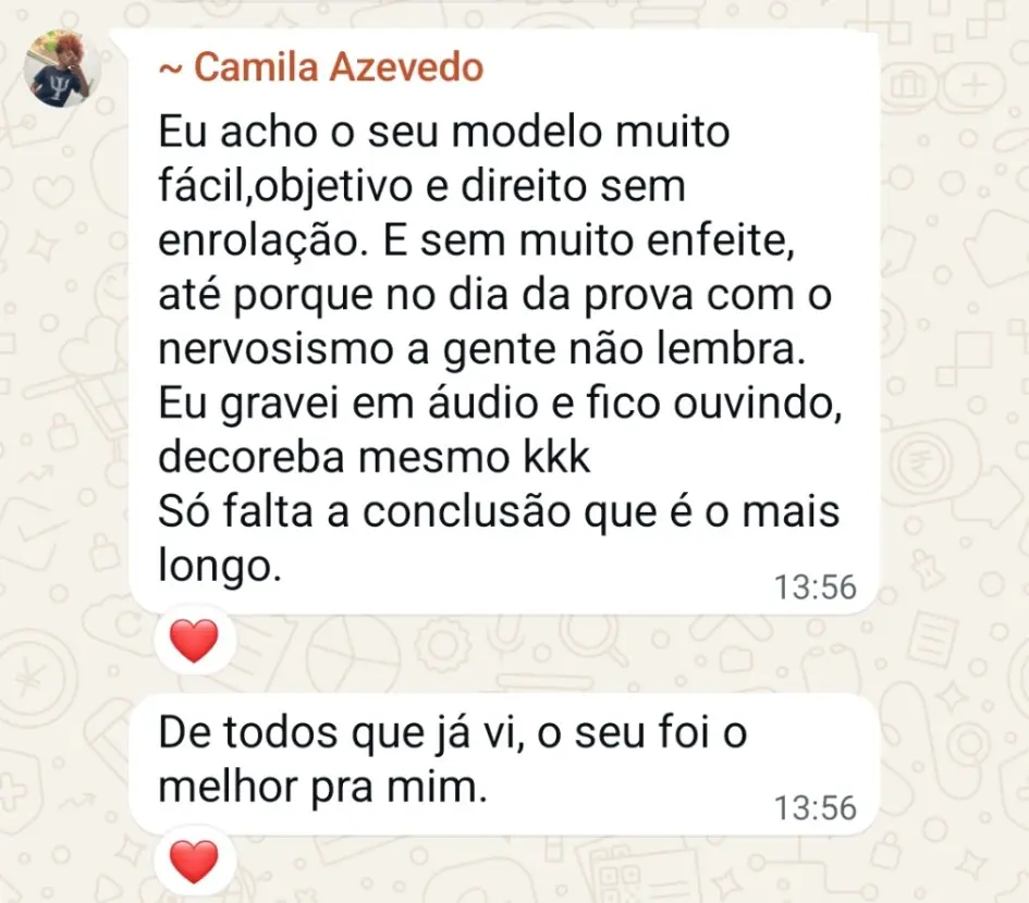 Mensagem de Camila Azevedo no WhatsApp dizendo que o modelo é fácil, objetivo, direto e o melhor para ela