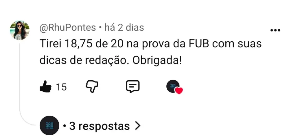 Comentário real de @RhuPontes: tirei 18,75 de 20 na prova da FUB com suas dicas de redação