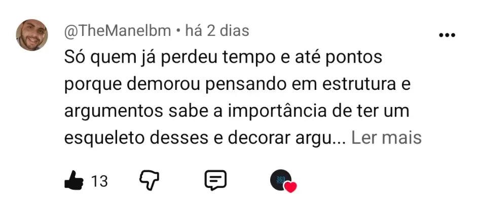 Comentário de @TheManelbm no YouTube sobre perder tempo e pontos pensando na estrutura e nos argumentos da redação