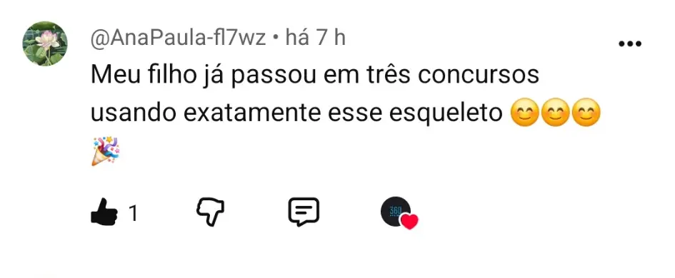 Comentário de Ana Paula no YouTube relatando que o filho passou em três concursos usando o mesmo esqueleto